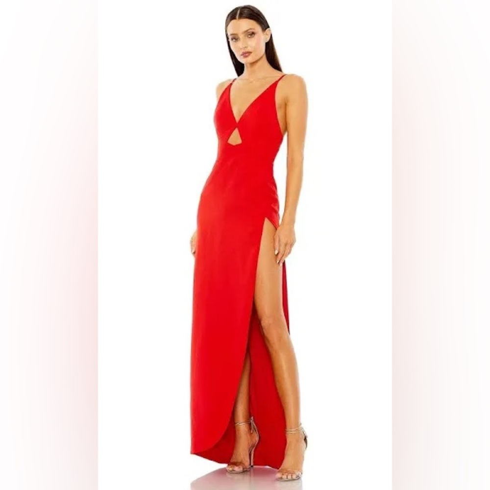 Mac Duggal 27434 Long Thin Strap Cutout High Slit V Neck Dress
